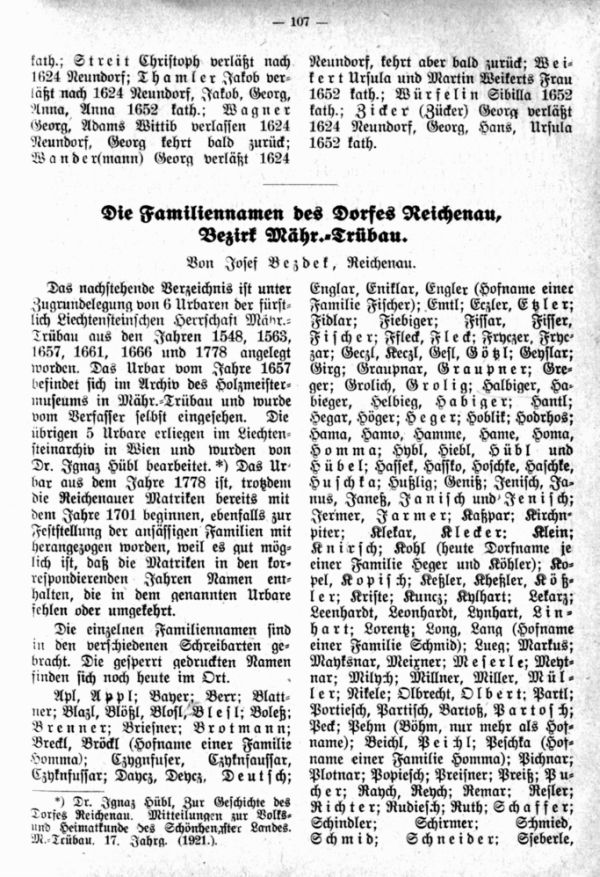 Die Familiennamen des Dorfes Reichenau, Bezirk Mähr. Trübau