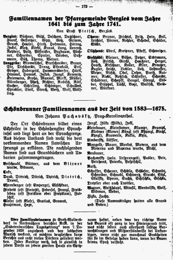 Schönbrunner Familiennamen aus der Zeit von 1583-1675