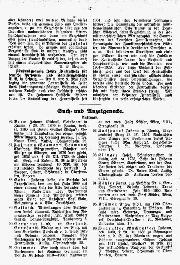 25 Jahre Zentralstelle für Deutsche Personen- und Familiengeschichte in Leipzig - Such- und Anzeigeecke