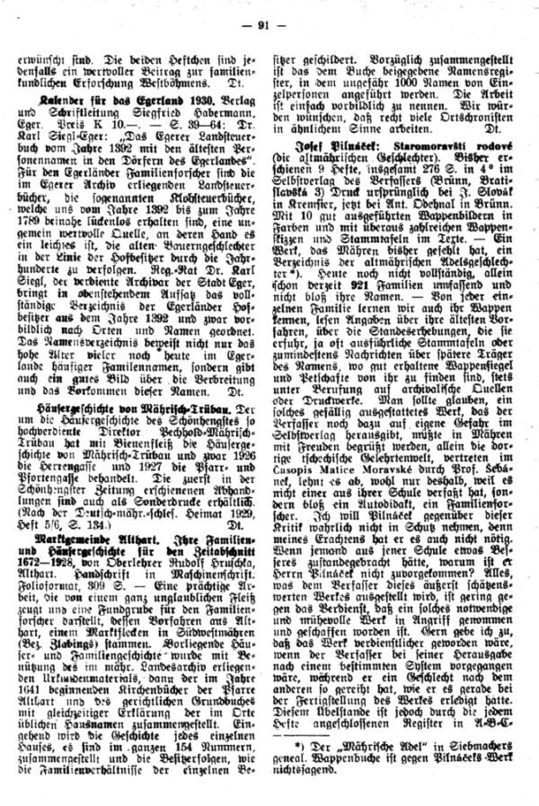 Kalender für das Egerland 1930  - Häusergeschichte von Mährisch Trübau - Marktgemeinde Althart. Ihre Familien- und Häusergeschichte für den Zeitabschnitt 1672-1928