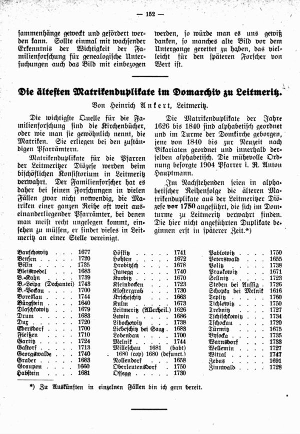 Die ältesten Matrikenduplikate im Domarchiv zu Leitmeritz