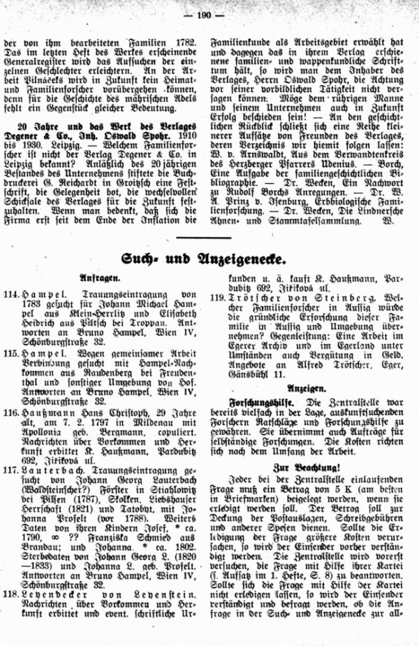 20 Jahre und das Werk des Verlages Degener & Co., Inh. Aswald Spohr, Leipzig - Such- und Anzeigeecke