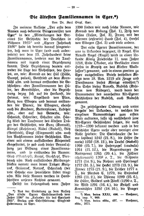 Die ältesten Familiennamen in Eger - 1