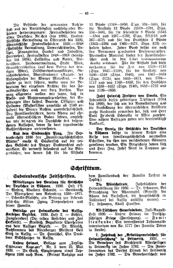 Schrifttum -  Aus der Stadtarchiv Prag - Josef Heinrich Freiherr von Smola