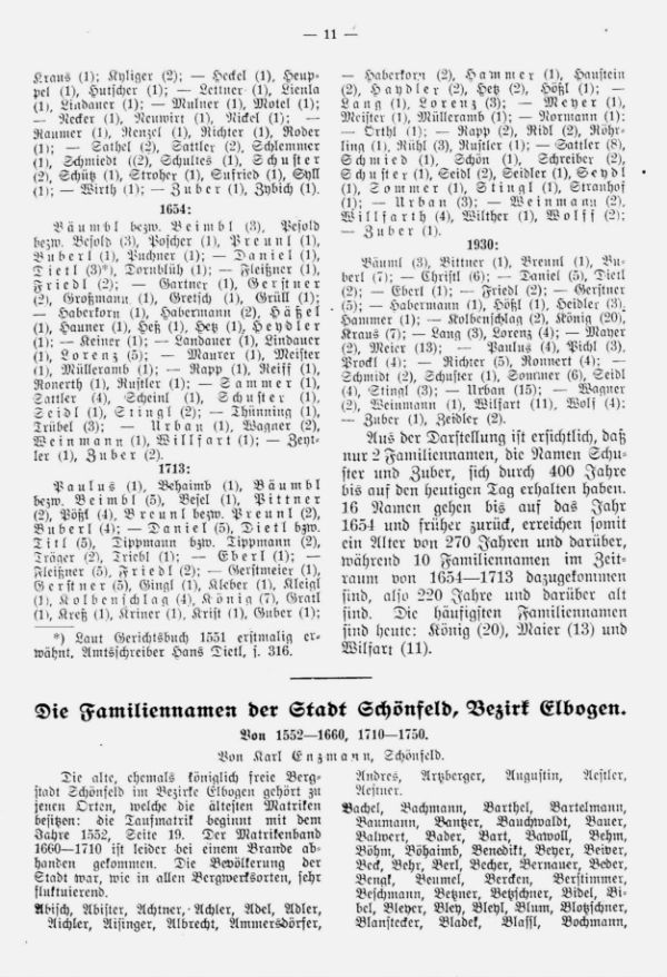 Die Familiennamen der Stadt Schönfeld, Bezirk Elbogen, von 1552-1660, 1710-1750 - 1