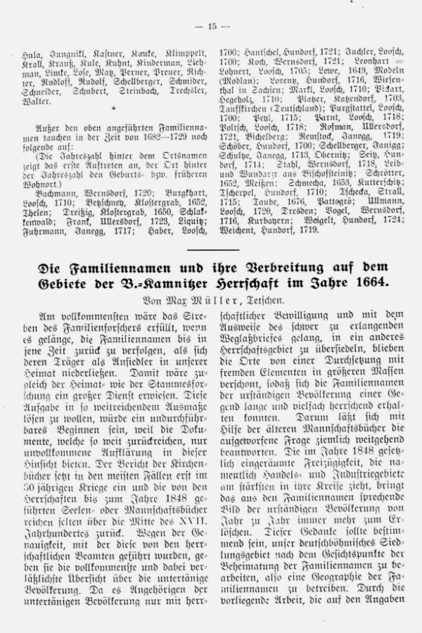 Die Familiennamen und ihre Verbreitung auf dem Gebiete der Böhm.-Kamnitzer Herrschaft im Jahre 1664 - 1