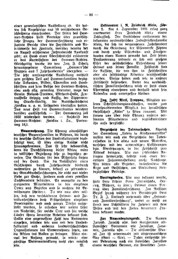 Sektionsrat i.R. Friedrich Klein + - Ing. Josef Nirtl, Troppau - Verzeichnis der Todesursachen - Zur Namensdeutungsecke