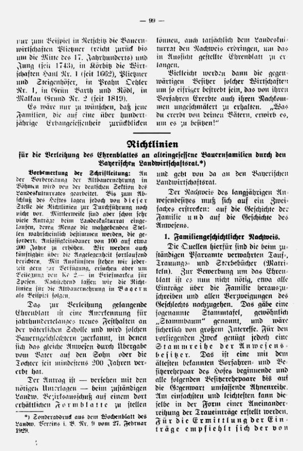 Richtlinien für die Verleihung des Ehrenblattes an alteingessesene Bauernfamilien durch den Bayrischen Landwirtschaftsrat - 1