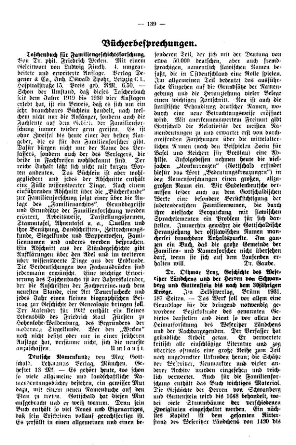 Dr. Lenz, Geschichte des Weseritzer Ländchens und der Herren von Schwanberg
