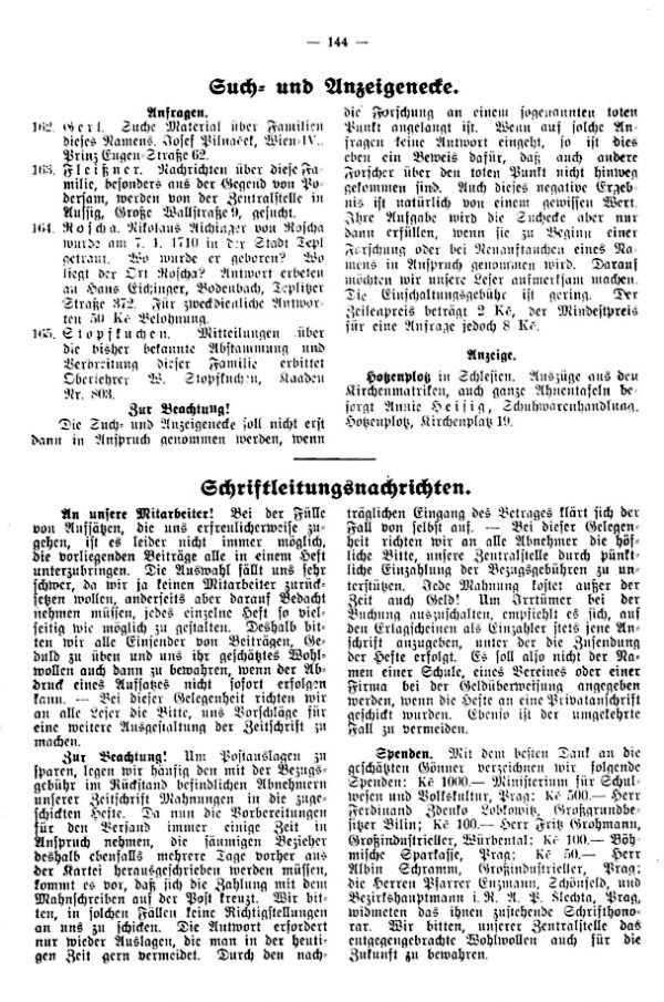 Such- und Anzeigeecke - Schriftleitungsnachrichten