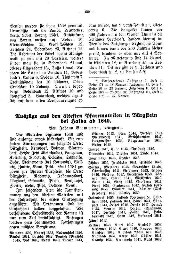Auszüge aus den ältesten Pfarrmatriken in Bürgstein bei Haida ab 1640 - 1