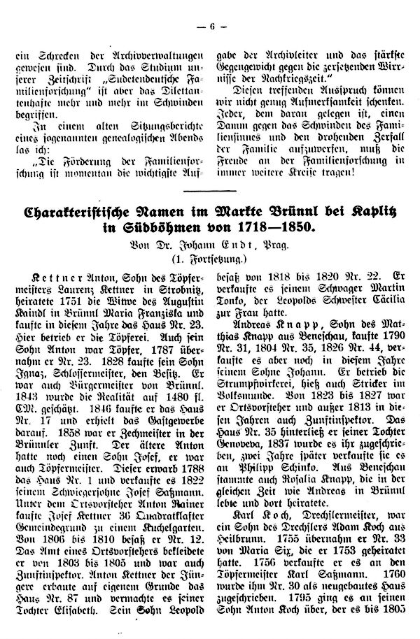 Charakteristische Namen im Markte Brünnl bei Kaplitz in Südböhmen von 1718-1850 - 1
