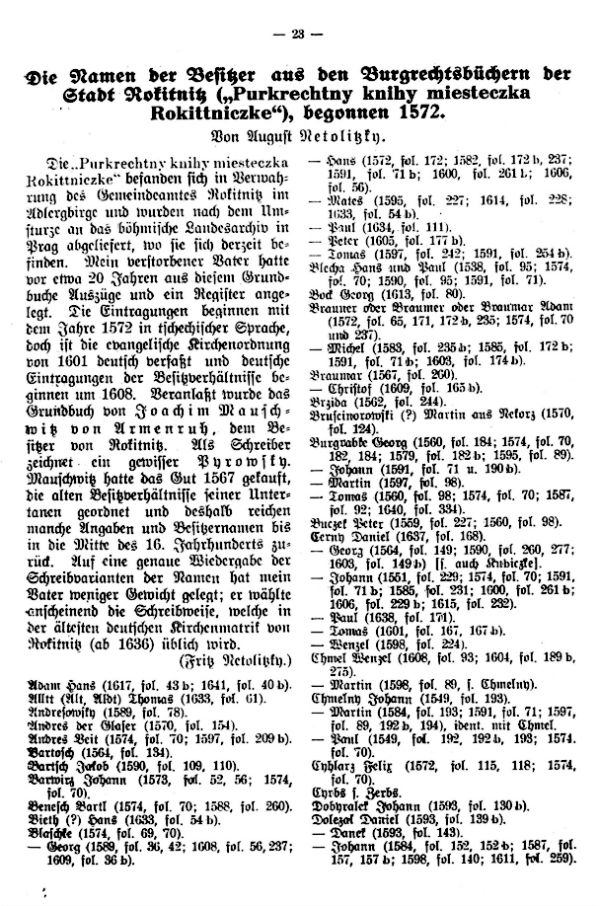 Die Namen der Besitzer aus den Burgrechtsbüchern der Stadt Rokitnitz, begonnen 1572 - 1