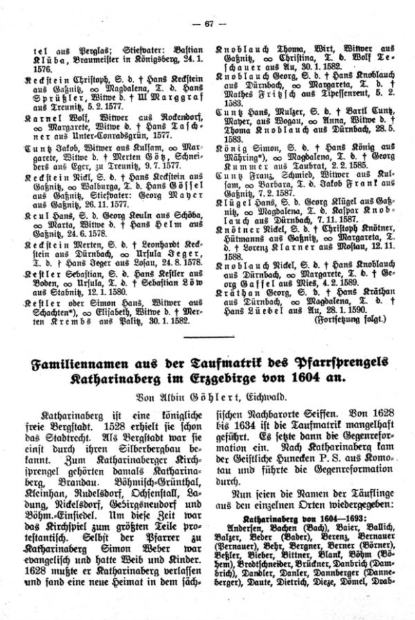 Familiennamen aus der Taufmatrik des Pfarrsprengels Katharinaberg von 1604 an - 1