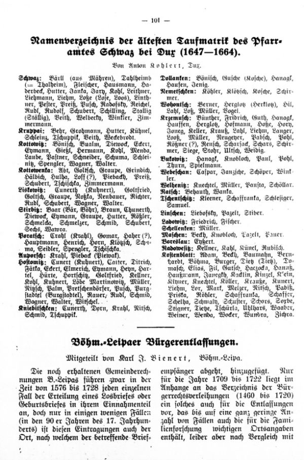 Namensverzeichnis der älteren Taufmatrik des Pfarramtes Schwaz bei Dux (1647-1664) - Böhm.-Leipaer Bürgerentlassungen - 1