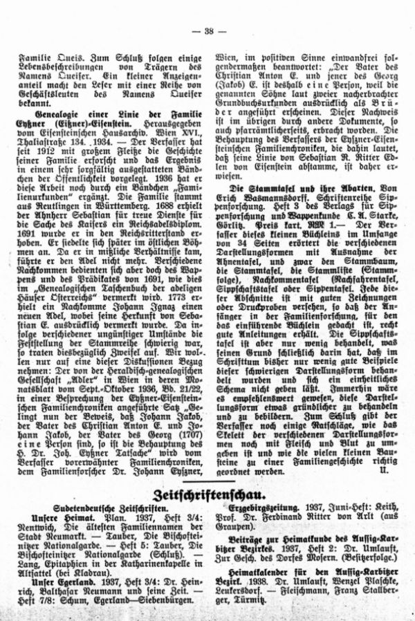 Zeitschriftenschau - Genealogie einer Linie der Familie Eyßner (Eißner)-Eisenstein - Die Stammtafel und ihre Abarten