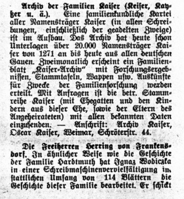 Archiv der Familie Kaiser (Keiser, Kayser) - Die Freiherrn Herring von Frankendorf