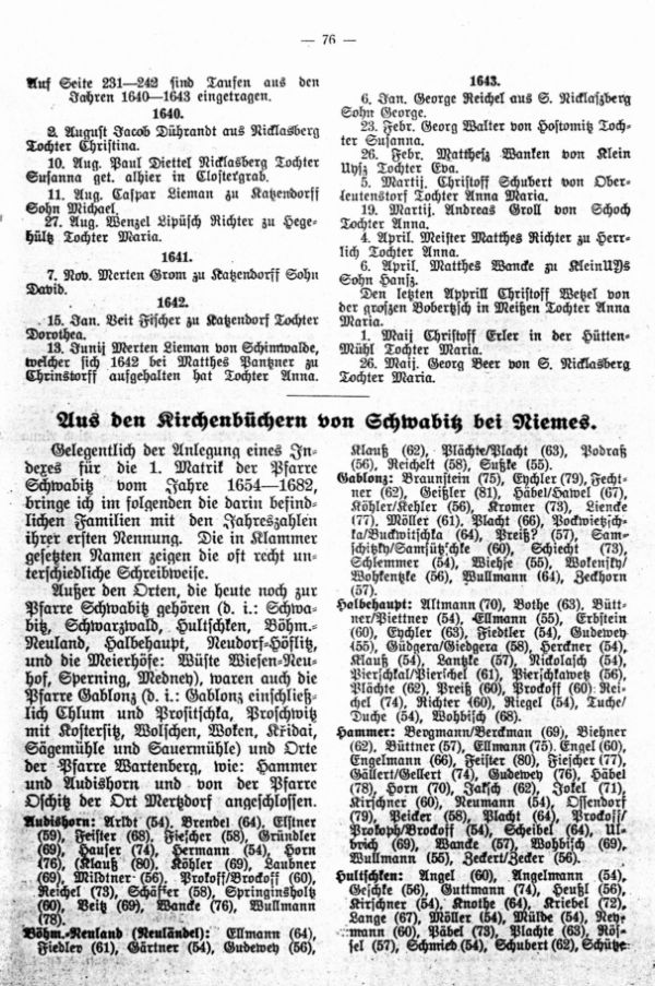 Aus den Kirchenbüchern von Schwabitz bei Niemes