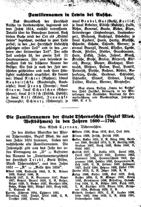 Die Familiennamen in Lewin bei Auscha - Die Familiennamen der Stadt Tschernoschin (Bezirk Mies, Westböhmen) in den Jahren 1600-1700