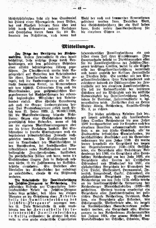 Zur Frage der Benützung der Kirchenmatriken - Die Arbeitsstelle für Familienforschung des Jeschken-Isergaues in Reichenberg