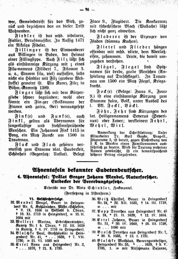Ahnentafeln bekannter Sudetendeutscher:   4. Gregor Johann Mendl (Fortsetzung) - 1