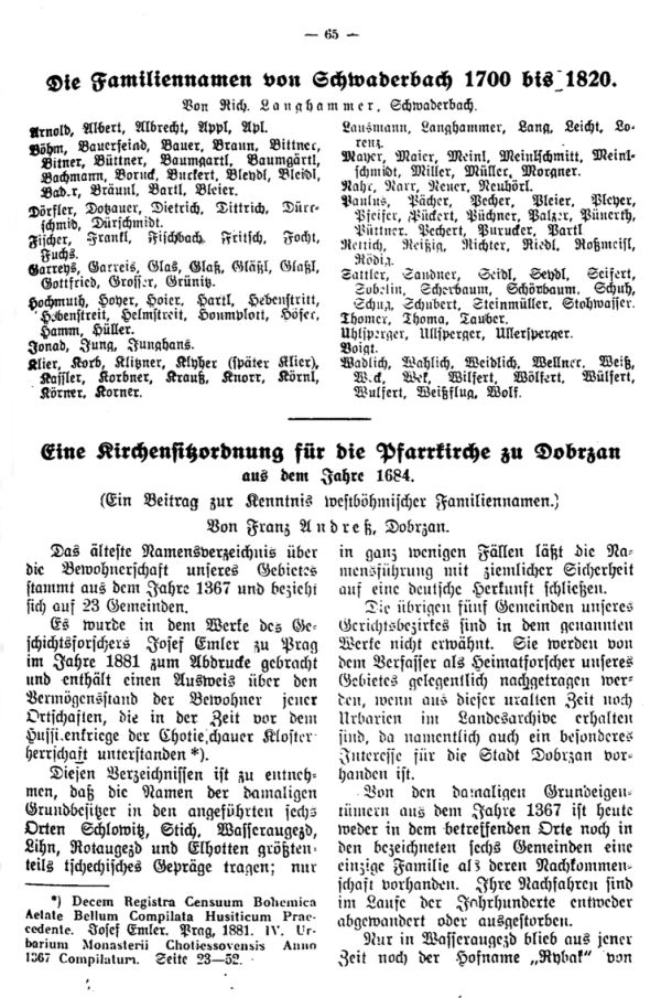 Die Familiennamen von Schwaderbach 1700-1820  - Eine Kirchensitzordnung für die Pfarrkirche zu Dobrzan aus dem Jahre 1684