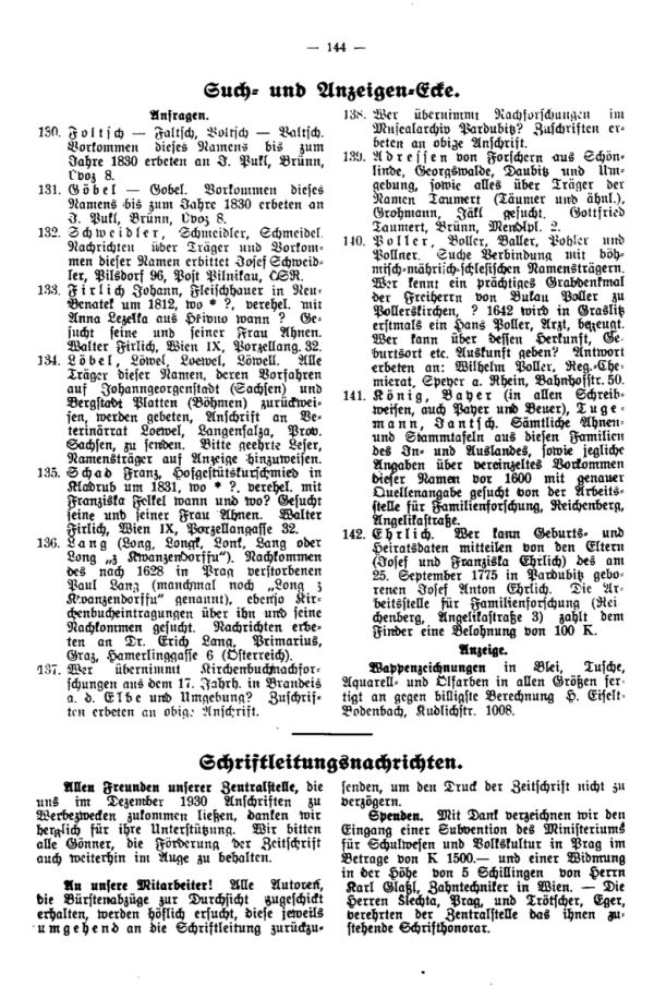 Schriftleitungsnachrichten - Such-  und Anzeigeecke