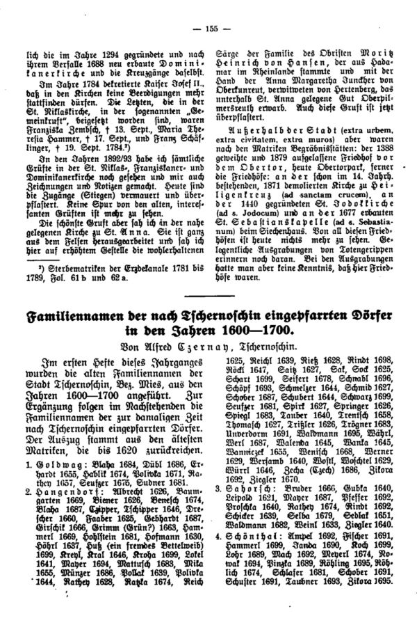 Familiennamen der nach Tschernoschin eingepfarrten Dörfer in den Jahren 1600-1700