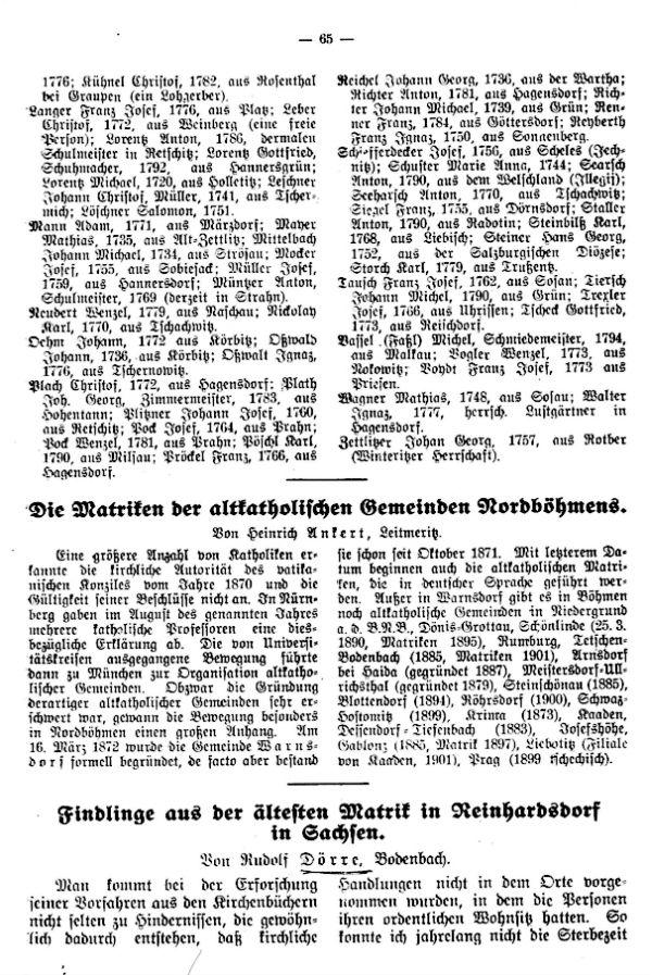 Die Matriken der altkatholische Gemeinden Nordböhmens - Findlinge aus der ältesten Matrik in Reinhardsdorf in Sachsen