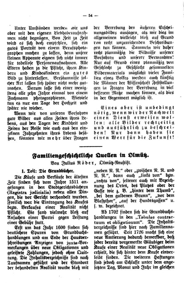 Familiengeschichtliche Quellen in Olmütz (I. Die Grundbücher) - 1