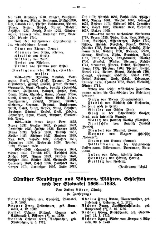 Olmützer Neubürger aus Böhmen, Mähren, Schlesien und der Slowakei 1668-1848 - 1