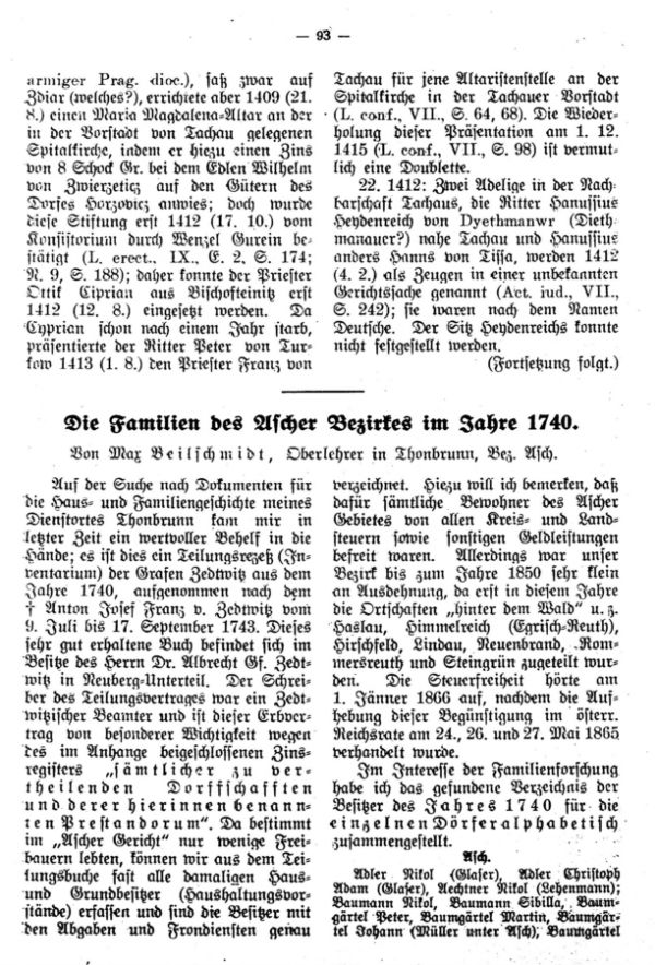 Die Familien des Ascher Bezirks im Jahre 1740 - 1