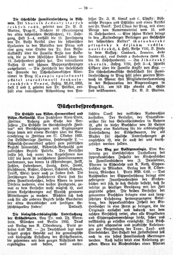 Bücherbesprechung - Die Erbhöfe von Böhm.-Hermersdorf und Böhm.-Rothmühl - Die tschechische Familienforschung in Böhmen