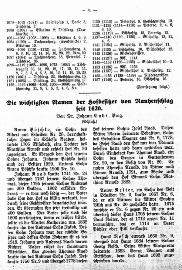 Die wichtigsten Namen der Hofbesitzer von Rauhenschlag seit 1620 - 1