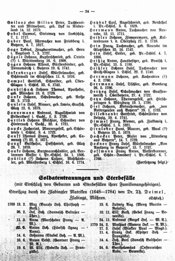 Soldatentrauungen und Sterbefälle (mit Einschluß von Geburten und Sterbefällen inrer Familienangehörigen): Streifzug durch die Zlabingser Matriken (1648-1784) - 1