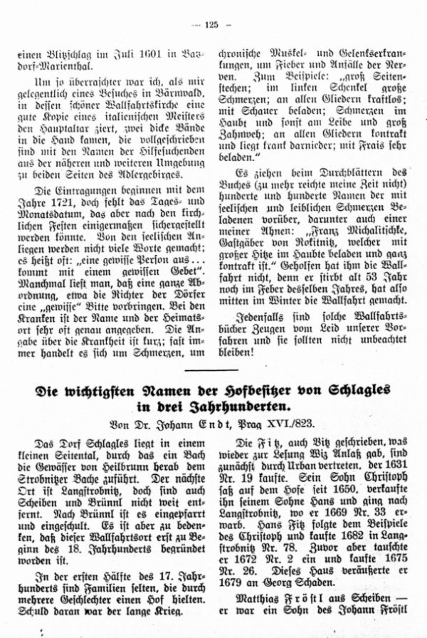Die wichtigsten Namen der Hofbesitzer von Schlagles in drei Jahrhunderten - 1
