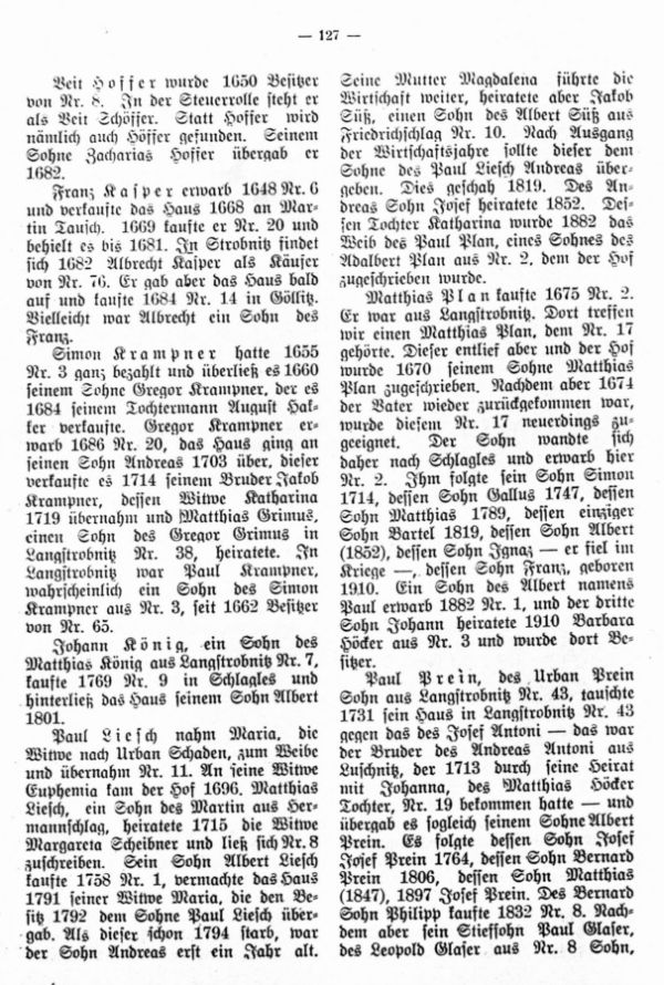 Die wichtigsten Namen der Hofbesitzer von Schlagles in drei Jahrhunderten - 3