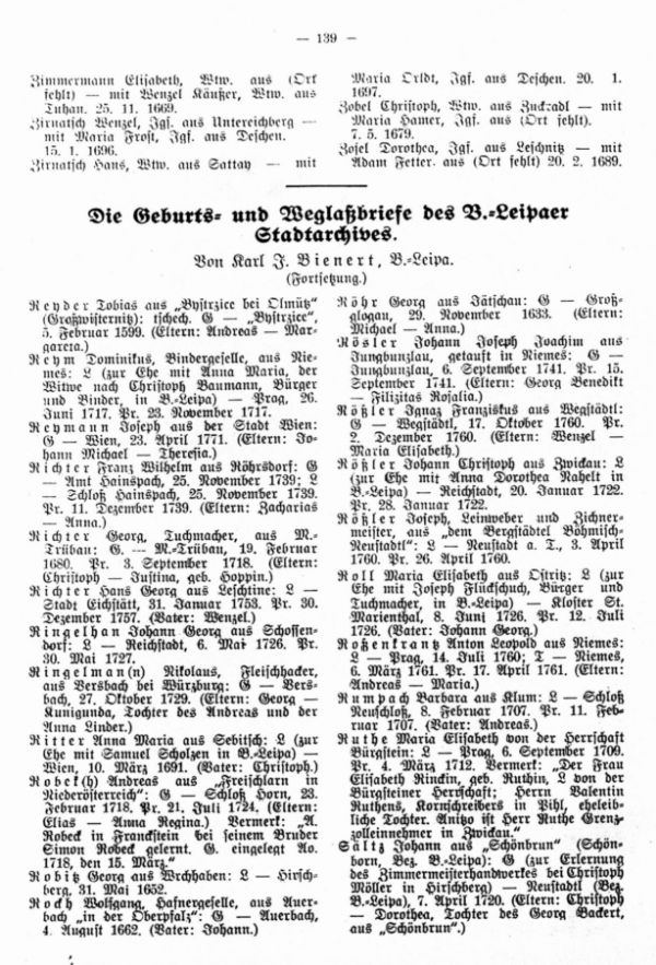 Die Geburts- und Weglaßbriefe des Böhm.-Leipaer Stadtarchives (Fortsetzung) - 1